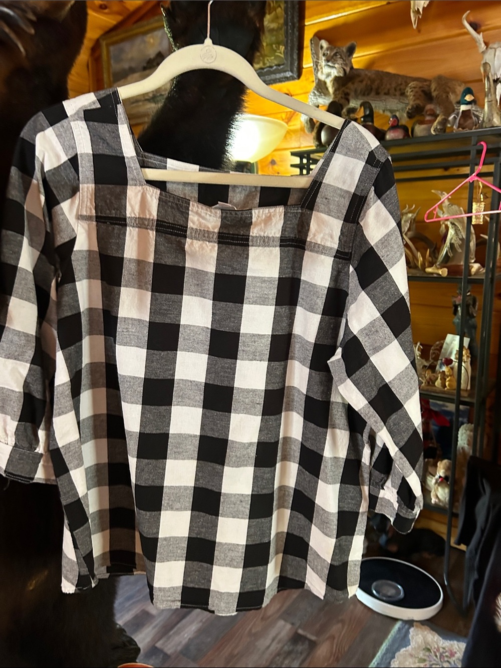 Black & White Checked Square-Neck Women's Blouse